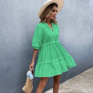 Statement Collar Riffle Hem Green Shirt Dress